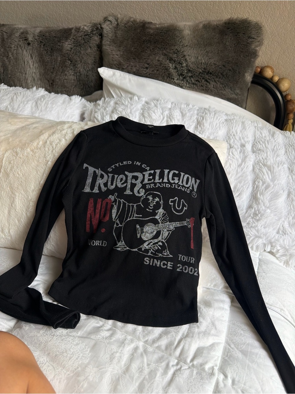 True Religion Black Ribbed Graphic Long Sleeve Top
